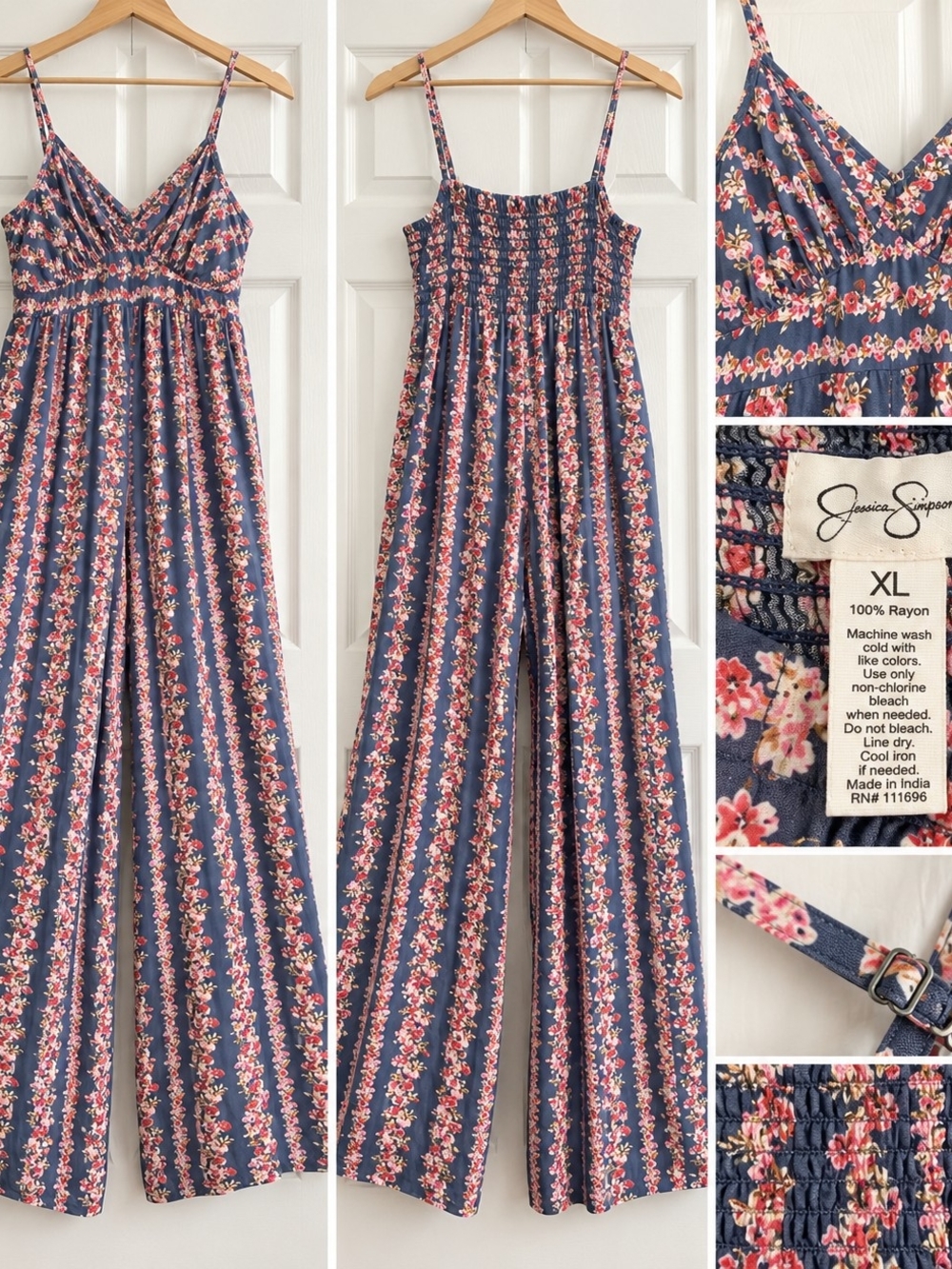 Jessica Simpson Navy Floral Smocked Wide-Leg Jumpsuit
